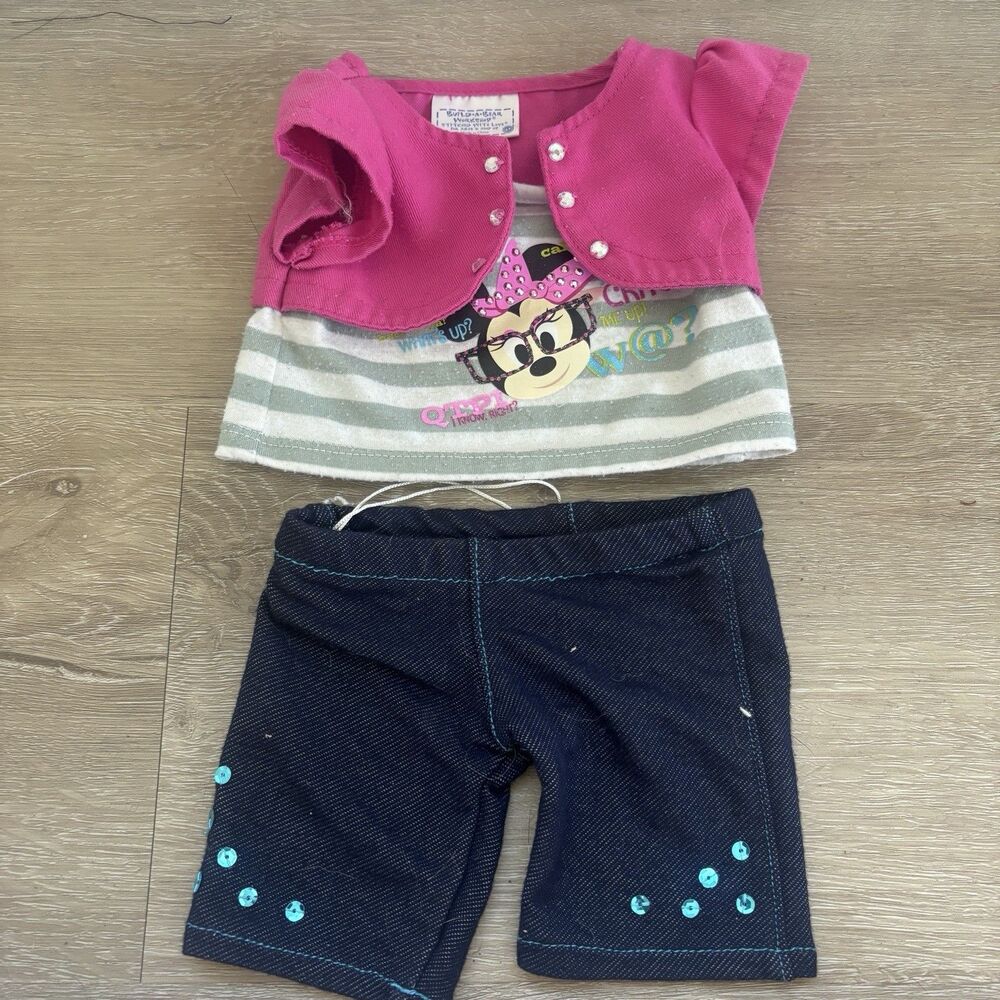Build-A-Bear Mini Outfit Minnie Mouse Pink Bolero Shirt Denim Sequin Shorts